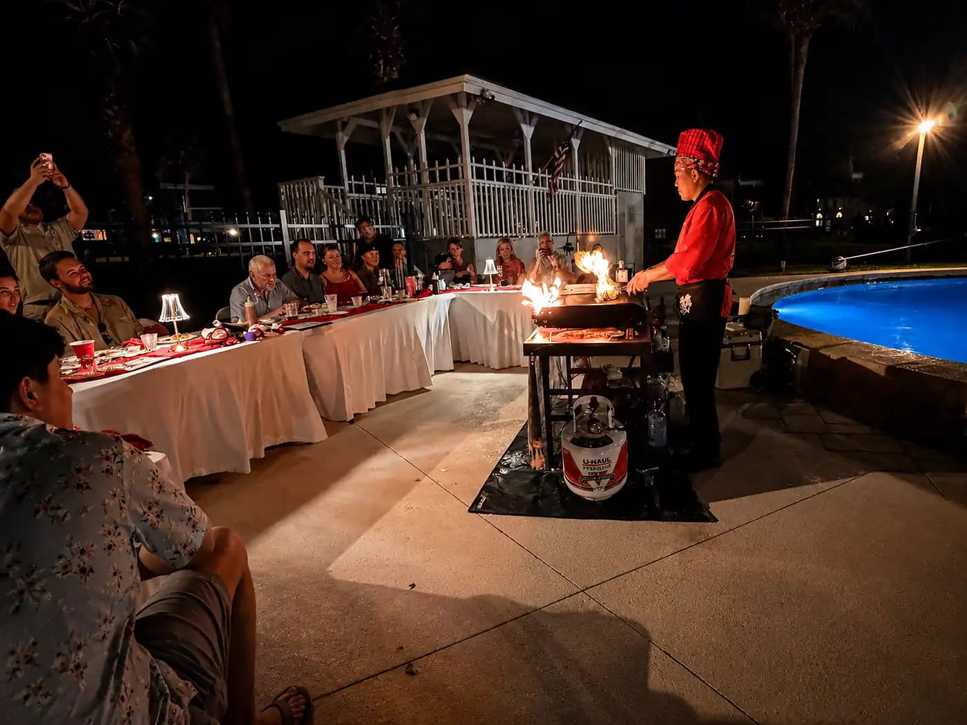 Live fire show on a mobile hibachi grill at a private party