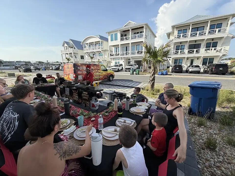 A real Hibachi Five Star at-home dinner with the chef, grill, and guest seating visible